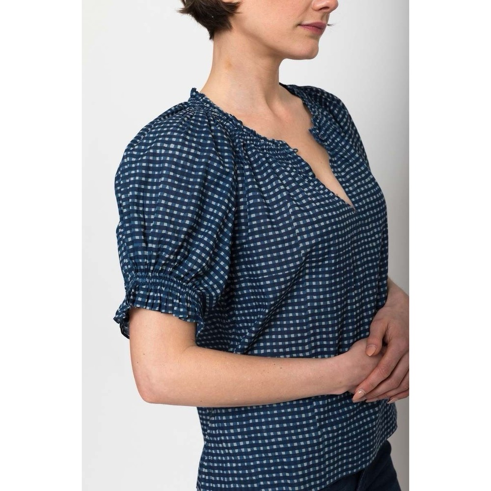 Apiece Apart Womens Kasin Indigo Gingham Top Size 2X Puff Sleeve Organic Cotton